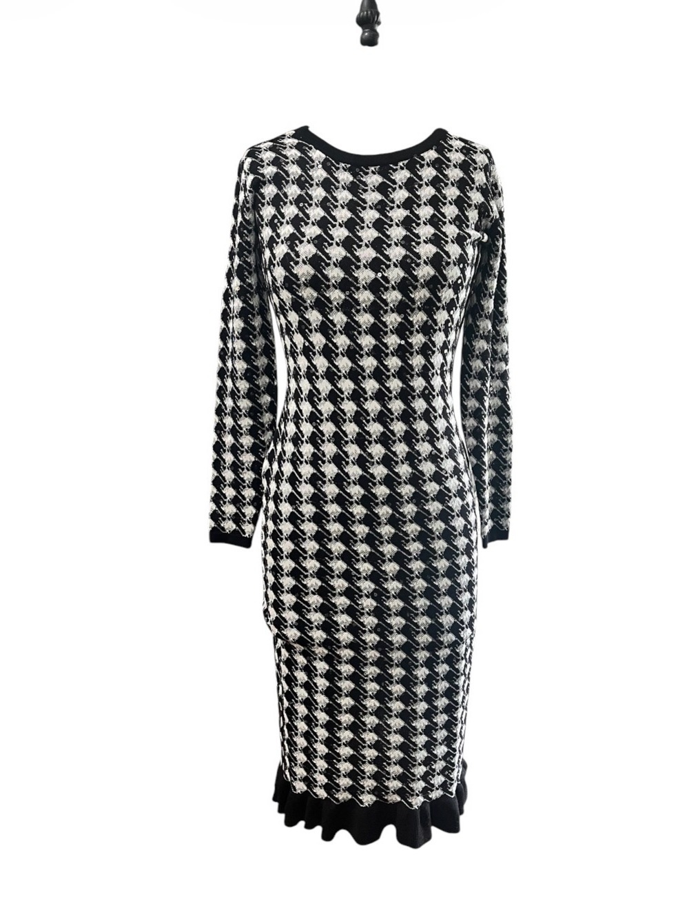 Sequin Houndstooth Ruffle Hem Midi Sweater Dress Size S - Picture 6 of 12